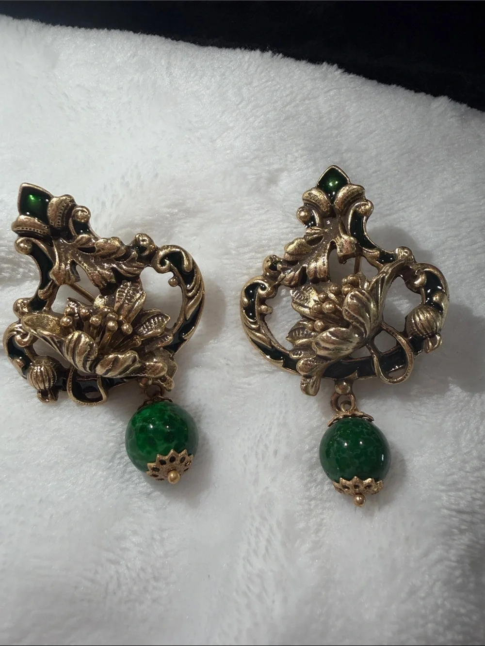 Kenneth Jay Lane Gold Floral Drop Earrings with Emerald Green Beads - Picture 1 of 5